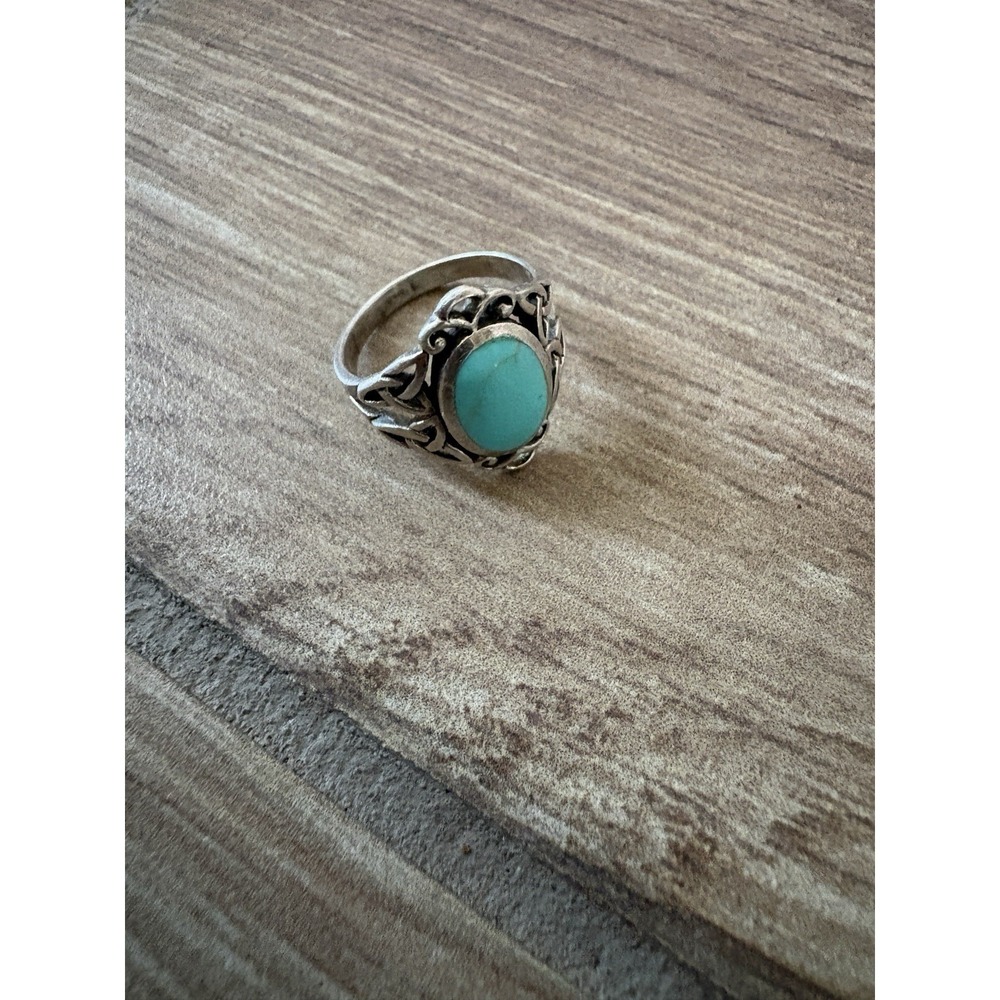 Vintage Turquoise Gemstone 925 Sterling Silver Celtic Ring Size 6 Blue